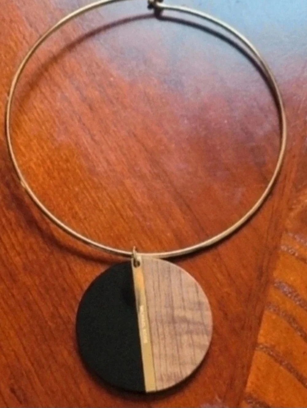Michael Kors Gold-Tone Bangle Necklace with Black and Wood Half-Moon Pendant